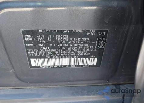 2016 Subaru Outback 3.6R Limited z USA, uszkodzony, nr VIN 4S4BSENC3G3251991